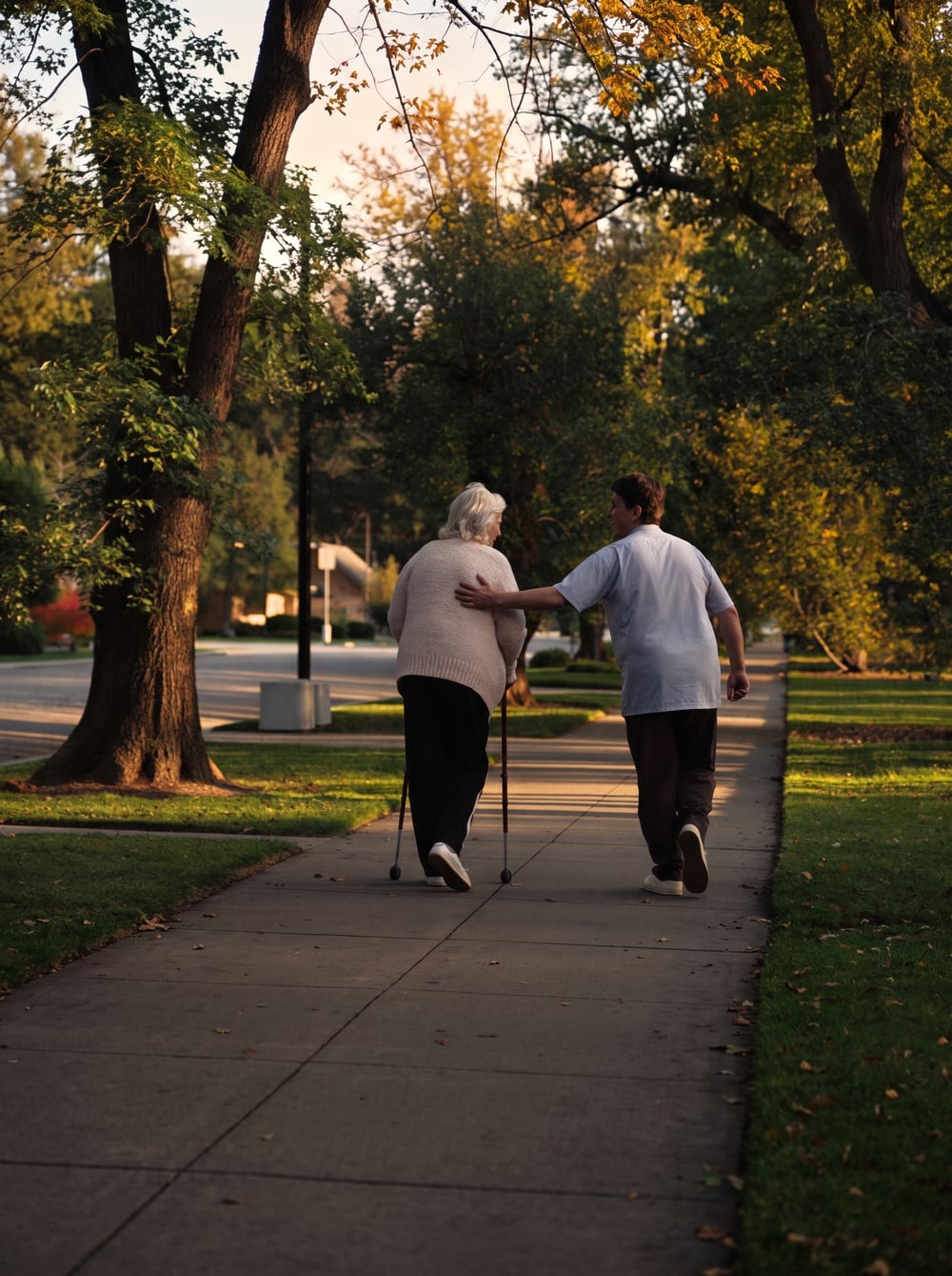 A DoveBridge caregiver walking beside an older woman on a sunny sidewalk