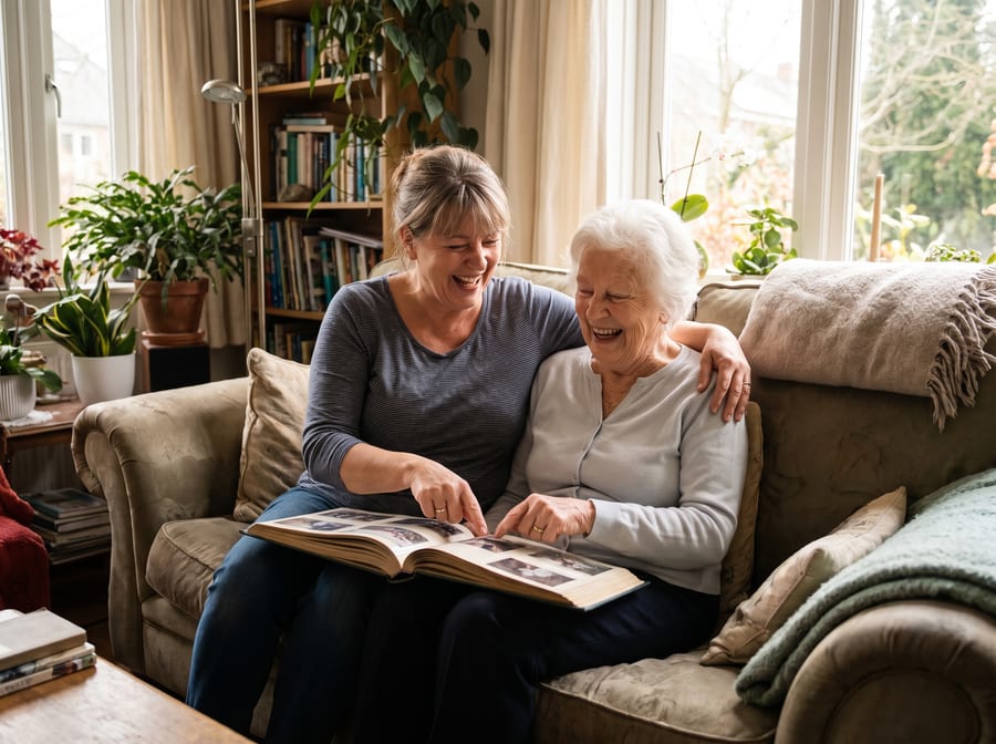 A caregiver and senior laughing over a photo album together