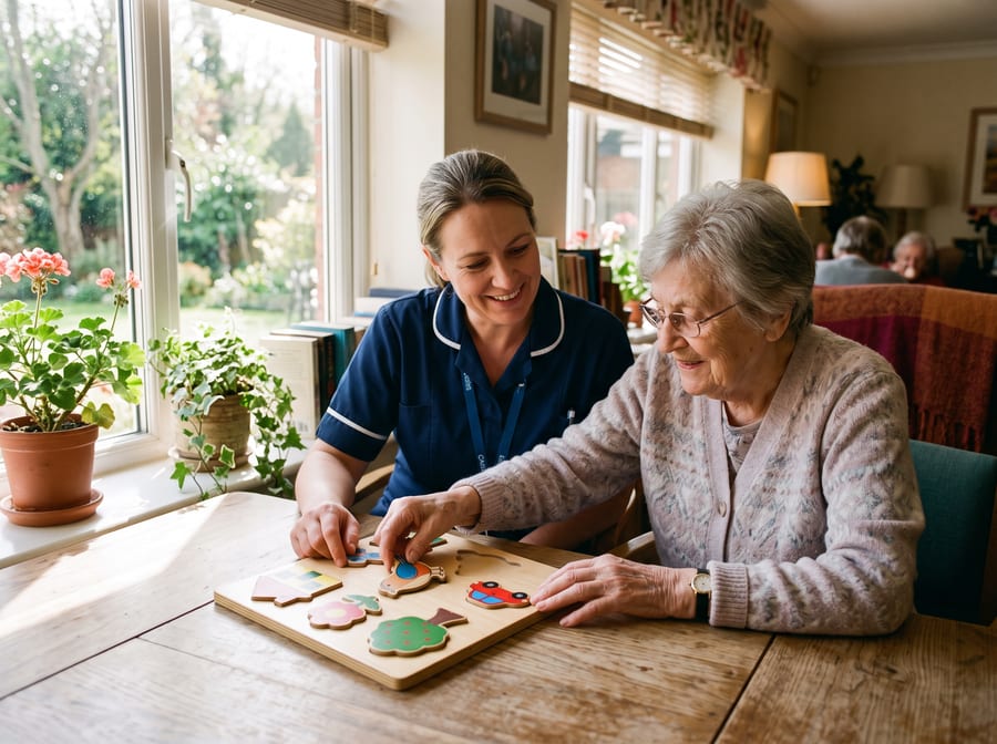 A caregiver gently guiding a senior through a memory activity