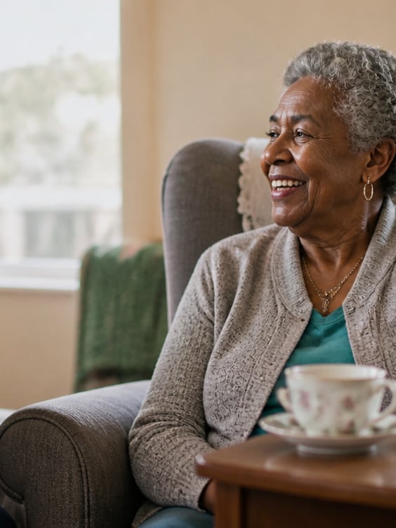 A smiling senior woman chatting over tea at home