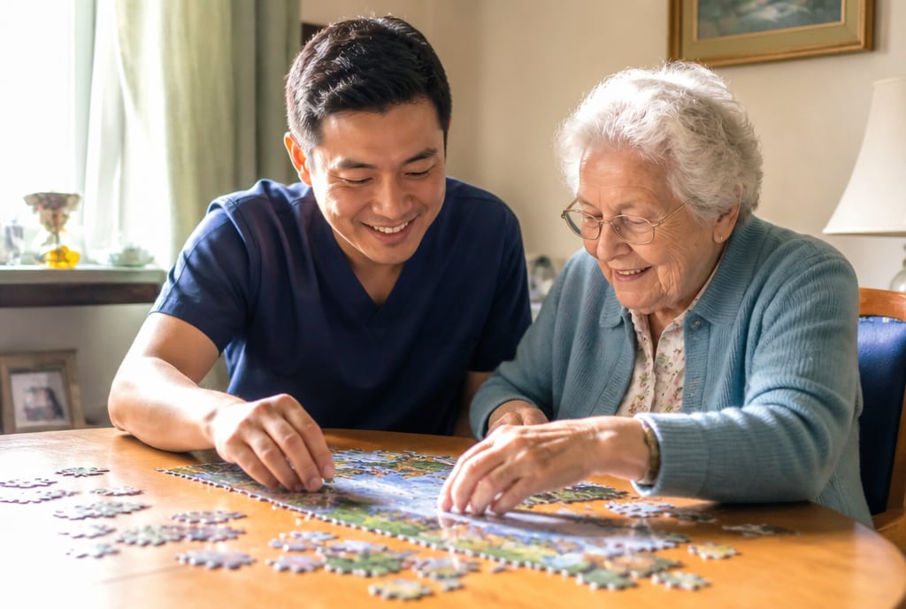 A caregiver and senior woman doing a jigsaw puzzle together at home