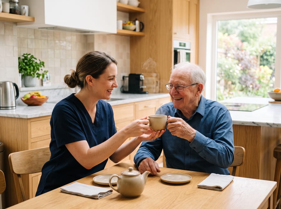 A caregiver helping a senior with a cup of tea during a home care visit