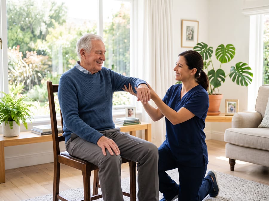 A caregiver helping a senior with gentle exercises at home