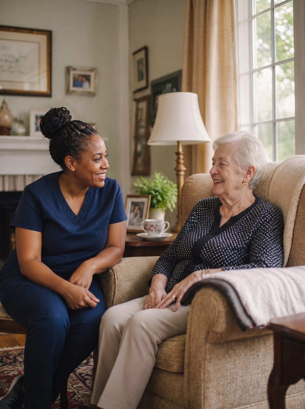A DoveBridge caregiver and senior sharing a warm moment at home in Winnipeg
